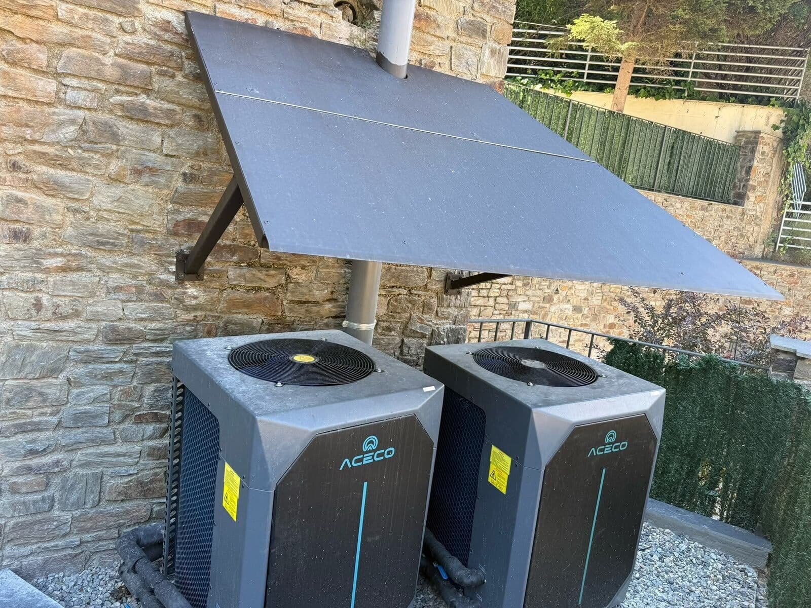 Two ACECO heat pumps installed under a canopy